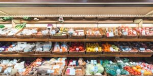 Fresh vegetables on shelf in supermarket