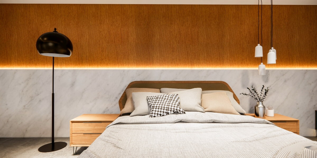 Modern bedroom interior with wood and marble accents