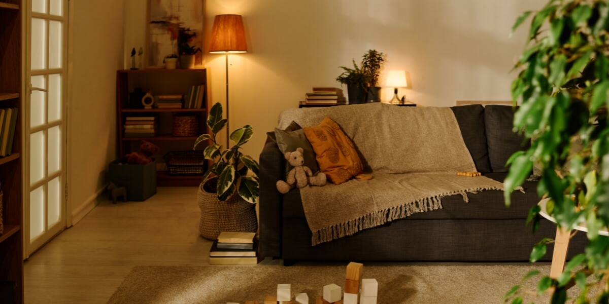 Warm indoor living room scene with toys