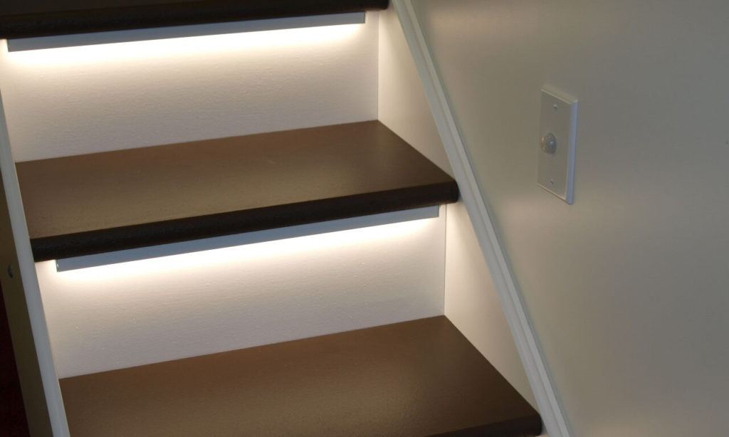 LED stair lighting recessed into stair nosing for safe pathway illumination