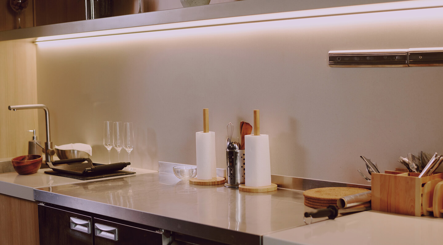 Family kitchen with modern residential lighting