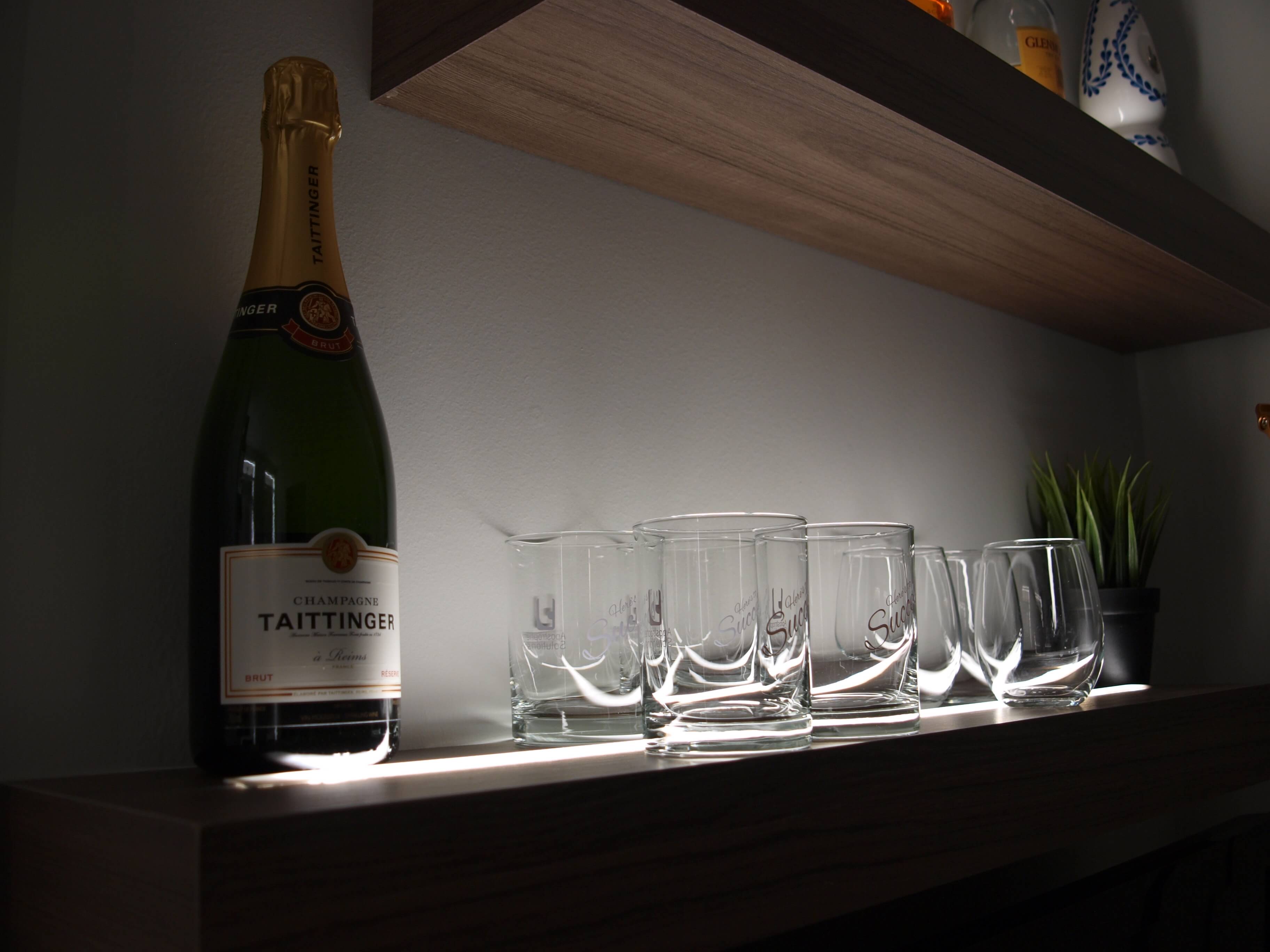 Close view of illuminated home office shelving